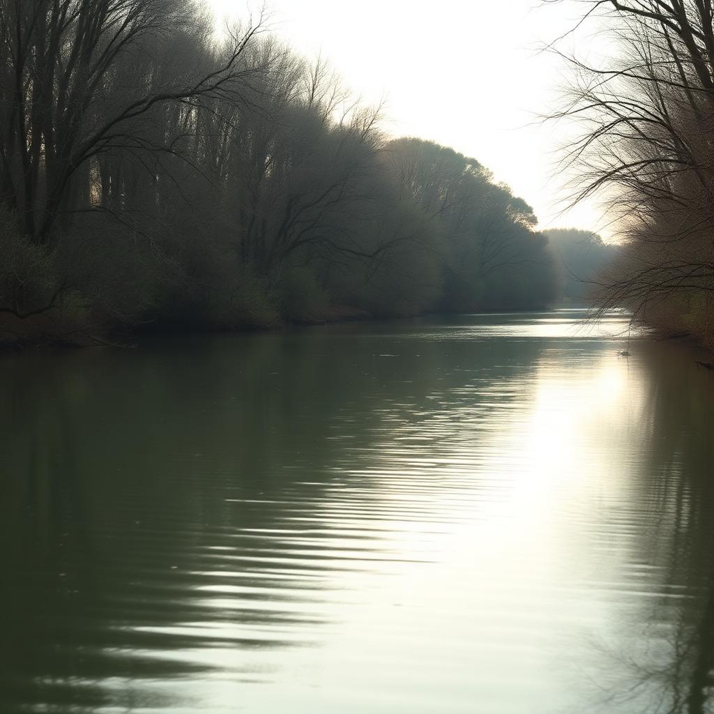Agua tranquila de un río fluyendo entre árboles