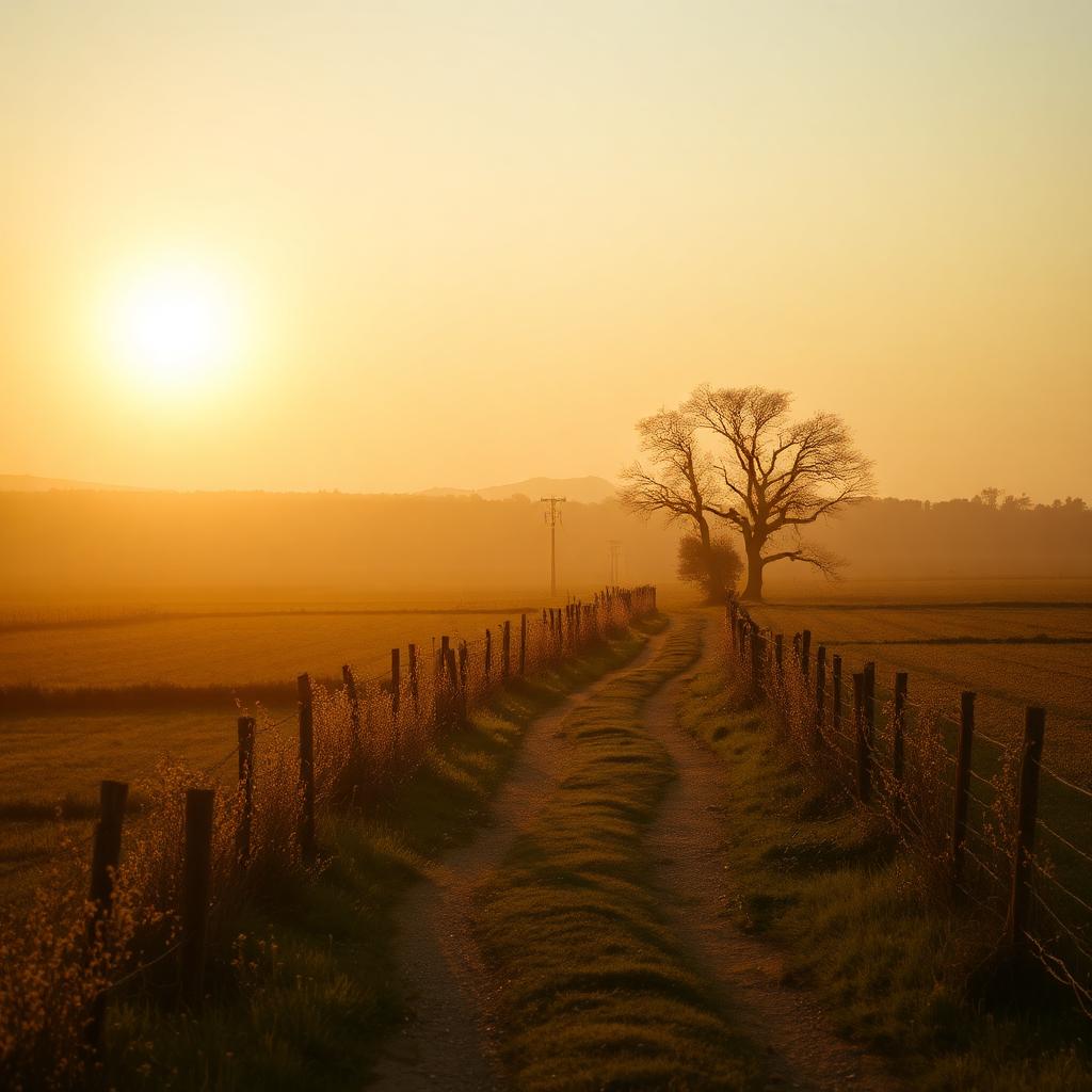 Camino iluminado por la luz dorada del amanecer